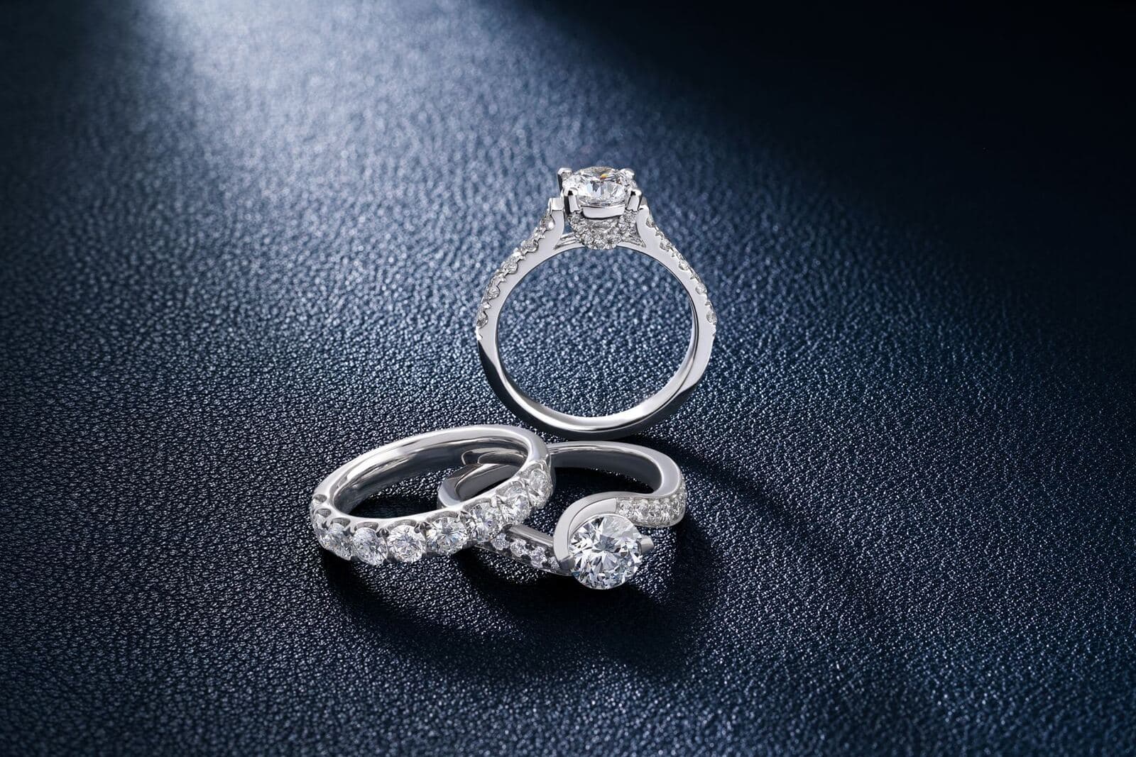 Close view of a diamond engagement ring in its box